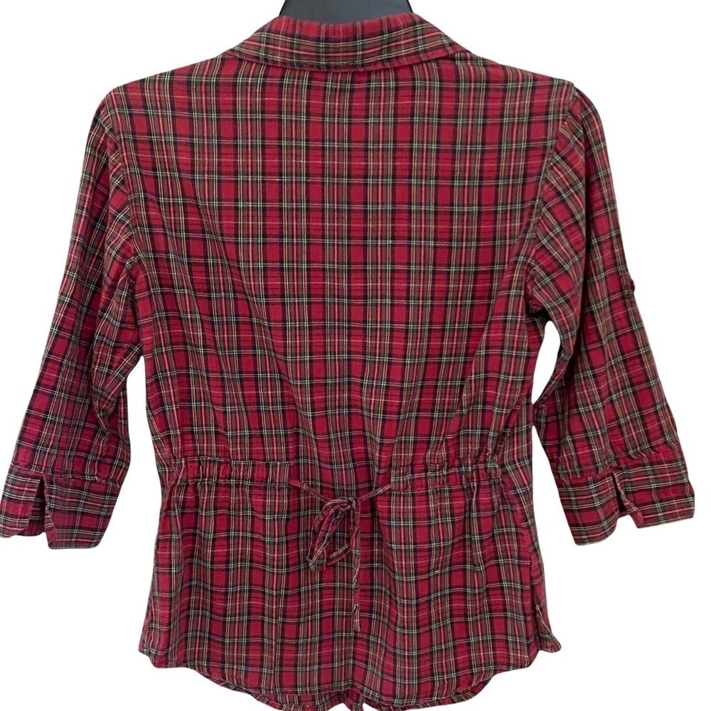 Magazine Red Plaid Button Front Collar Shirt Tab Sleeves Tie Back Sz Small - Picture 2 of 10